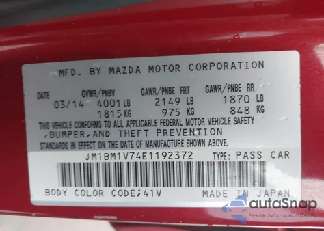2014 Mazda Mazda3 I Touring z USA, uszkodzony, nr VIN JM1BM1V74E1192372